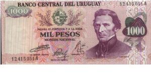 A Series 1000 Pesos. Banco Central Del Uruguay Banknote
