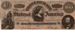 CSA $100 Type 65 CT-65/492 D 503699            Havana Counterfiet      Reg.T.Fitzhugh Grayson  Treas.Miss Alice M.Miller Banknote