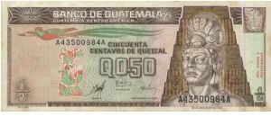 A Series 1/2 Quetzal No:A43500984A Dated 9 January 1998. Banco De Guatemala.(O)Tecun Uman(R)Tikal. Banknote