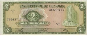 1 Cordobas Dated 27 April 1972.(O)Banco Central De Nicaragua Building(R)Sembradio De Algodon.Printed By Thomas De La Rue & Company Limited,London. Banknote