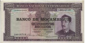 500 Escudos Dated 22 March 1967.Banco National Ultramarino.(O)Caldas Xavier(R)Mocambique Symbol.Printed By Bradbury,Wilkinson & Company Limited,England. Banknote