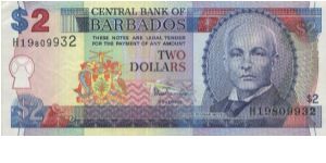 2 Dollars.(O)John Redman Bovell(R) Trafalgar Square in Bridgetown.Printed By Thomas De La Rue & Company Limited,London. Banknote