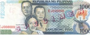 DATED SERIES 61S2 1999 Estrada-Buenaventura EJ000000 (Specimen) Banknote