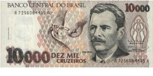 A Series No:A7256064435A 10,000 Cruzeiros Dated 1993.Venom Brazil Snakes. Banknote