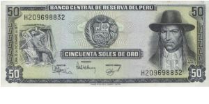 50 Soles de Oro Dated 1977 
Obverse: Blacksmiths; Peruvian indigenous rebel
Tupac Amaru II (José Gabriel Condorcanqui) Reverse:Historic town of Tinta. Banknote