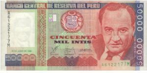 A Series 50000 Intis No:A6122177M Dated 28 June 1988 
Obverse: Victor Raul Haya de la Torre Reverse: Congreso Nacional (National Congress) Banknote