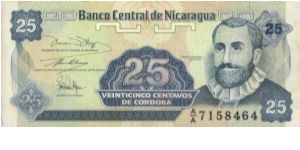 AA Series 25 Centavos No:AA7158464 Dated 1991,Banco Central De Nicaragua(O)F.H. De Cordoba(R) Flower.Printed By Horrison & Sons Limited. Banknote