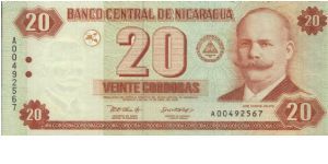 A Series 20 Cordobas No:A00492567 Dated 2002,Banco Central De Nicaragua(O) Jose Santos Zelaya(R)Ships & Palm Trees. Banknote