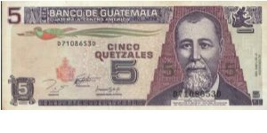 5 Quetzales Dated 27 October 2003,Banco De Guatemala(O) 
General Justo Rufino Barrios(R) Classroom Scene. Banknote