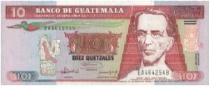 10 Quetzales Dated 2003,Banco De Guatemala(O)
General Miguel Garcia Granados(R)National Assembly session of 1872. Banknote
