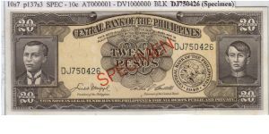 ENGLISH SERIES SPECIMEN 20 peso 10S3 (p137s3) Macapagal-Castillo DJ750426 (Specimen) Banknote