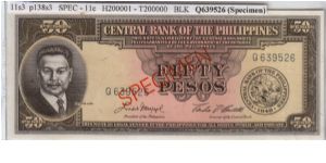 ENGLISH SERIES SPECIMEN 50 peso 11S3 (p138s3) Macapagal-Castillo Q629526 (Specimen) Banknote