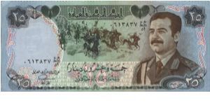 ORDER NOW!
25 Dinars Dated 1986,Central Bank Of Iraq.
Obverse:Portrait of Saddam Hussein with a Army Attire & One Battalion of Soldiers with Horses 
Reverse:A Famous Martyr's Monument in Baghdad.
Watermark:Portraitof SADDAM HUSSEIN Printed & Engraved: Fibre Paper. 
Security Thread: YES
Size: 173x81mm
SEND WORLDWIDE!

SOLD!!!!! Banknote