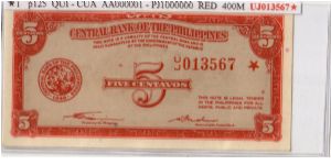 ENGLISH SERIES 5c 1 (p125) Quirino-Cuaderno U/J013567* (Starnote) Banknote