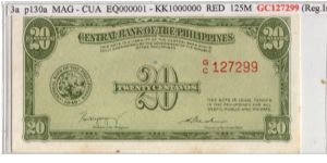 ENGLISH SERIES 20c 3a (p130a) Magsaysay-Cuaderno G/C127299 Banknote