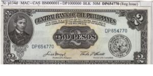 ENGLISH SERIES 2 Peso 7c (p134d) Macapagal-Castillo DP654770 (Last Prefix) Banknote