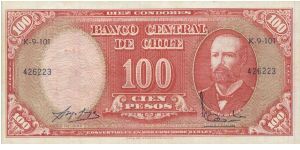 10 Centesimos de Escudo - overprint on reverse of 100 Pesos, Dated 1960-1961,Banco Central De Chile.
Obverse:Arturo Prat
Reverse:Santiago(Bird) Banknote