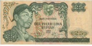 25 Rupiah Series No:LCG083292 Dated 1968,Bank Indonsia
Obverse:General Soedirman
Reverse:Lift bridge of Ampera
Watermark:Garuda Pancasila
Size:132x67mm Banknote