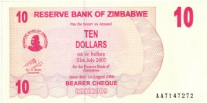 Zimbabwe $10 Bearer Cheque Banknote