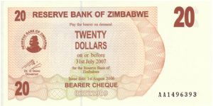 Zimbabwe $20 Bearer Cheque Banknote