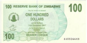 Zimbabwe $100 Bearer Cheque Banknote