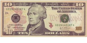 USA $10 note, new multicoloured 2004 series issue Banknote