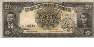 ENGLISH SERIES 20 Peso 10 (p137a) Quirino-Cuaderno A968515 ...A rare Philippine note, in any condition. Banknote