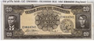 ENGLISH SERIES 20 Peso 10d (p137e) Marcos-Licaros EH444341 Banknote