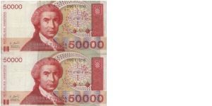 Running Series No:D9011100 & D9011098
50000 Dinara Dated 30.5.1993 

Obverse:Boskovic

Reverse:Mother Croatia

Watermark:Yes

BID VIA EMAIL Banknote