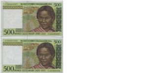 Running Series No:C56080087 & C56080088
500 Francs Dated 1994,Banky Foiben'i Madagasikara
Obverse:Girl Portrait
Reverse: breeding of Zebus
Watermark:Horn
BID VIA EMAIL Banknote