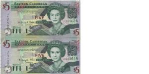 Running Series No:J131562A & J131561A 
5 Dollars Dated 2000
Obverse:Queen Elisabeth II & Turtle green-throated carib Reverse:Island map, Admiral's
House in Antigua , Barbuda & Trafalgar Falls in Dominica. 
Watermark:Queen Portrait
Size:145x69mm
BID VIA EMAIL Banknote