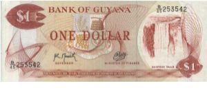 1 Dollar 

Dated 1992,
Bank of Guyana

Obverse: Kaieteur Falls 

Reverse:Rice Harvesting & Black Bush Polder

Security Thread:Yes Banknote