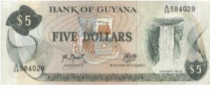 A Series No:A/39 584029

5 Dollars 

Dated 1989,
Bank of Guyana

Obverse:Kaieteur Falls

Reverse:Conveyor & Cane Sugar Cutting

Security Thread:Yes Banknote
