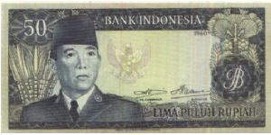 Soekarno Series!
50 Rupiah dated 1960

Signed by:Soetikno Slamet & Indra Kasoema

Obverse:Soekarno 

Reverse:A Female dancer

Printed by:Thomas De La Rue & Company Limited,London

Watermark:Soekarno & Buffalo

Size:158x77mm Banknote