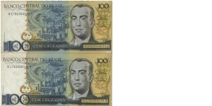 Running AA Series 
No:A1702060549A & A172060548A 

100 Cruzados Dated 1987

Obverse:President J. Kubitschek

Watermark:Yes

BID VIA EMAIL Banknote