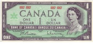 Canada $1 from 1967 celebrating the Centennial of Canadian Confederation. Banknote
