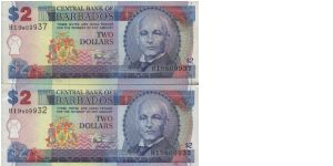 Running Series No:H19809937 & H19809932
2 Dollars dated 
2000

Obverse:John Redman Bovell

Reverse:Trafalgar Square in Bridgetown

Printed By Thomas De La Rue & Company 
Limited,London

Watermark:Yes

BID VIA EMAIL Banknote