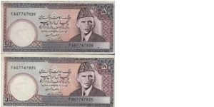 Running Series No:FAU7747826 & FAU7747825

50 Rupees dated 1986,
State Bank Of Pakistan

Obverse:Jinnah

Reverse:Main Gate Of Lahore

Watermark:Jinnah

BID VIA EMAIL Banknote