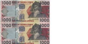 Running Series No:D321656 & D321654 

1000 Leones dated 2002 
 
Obverse:Bai Bureh & Carving Reverse:Satellite dish antenna

Watermark:BSL Lion

BID VIA EMAIL Banknote