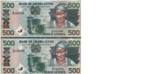 Running Series No:
242649 & 242650
500 Leones dated 1 July 1995 

Obverse:Kissi King Kai Londo (1845-1896) & State House

Reverse:Fishing fleet in Freetown Harbour 

Watermark: head of a lion. 
  
Original Size: 160 x 74 mm

BID VIA EMAIL Banknote
