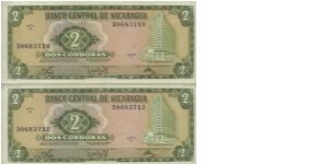 Running Series No:39683712 & 39683710 
2 Cordobas Dated 27 April 1972

Obverse:Banco Central De Nicaragua Building

Reverse:Sembradio De Algodon

Printed By Thomas De La Rue & Company 
Limited,London

Security Thread: Yes

BID VIA EMAIL Banknote