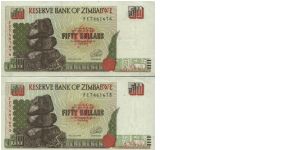 Running Series No:FE7461676 & FE7461675 
50 Dollars dated 1994, 
Reserve Bank Of Zimbabwe

Obverse:Chiremba Balancing Rocks

Reverse:Ruins

Watermark:Bird

BID VIA EMAIL Banknote