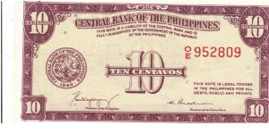 PI-128 English series 10 centavos note with signature 2 variety. Banknote