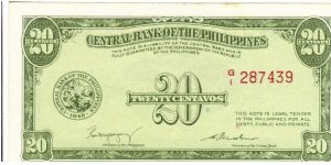 PI-130a English series 20 centavos note with signature variety 2. Banknote