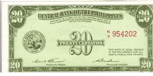 PI-130b English series 20 centavos note with signature variety 3. Banknote