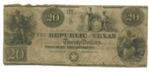 Republic of Texas $20 Redback note from when Texas was a republic before joining the Union.  Signed by the 3rd president of the Republic of Texas, Mireabeu B. Lamar

The reverse didn't come out too good once shrunk down to post. It has a 5 pointed star in the center with the letters T E X A S between the points and scrolls on each side. Banknote