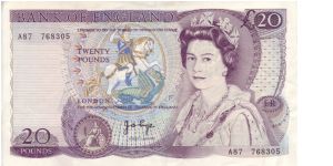Series D £20 from 1970.  First note of the Series D releases, the back depicts playwright William Shakespeare.

This is an early release as it has Queen Elizabeth II as the watermark instead of William Shakespeare Banknote