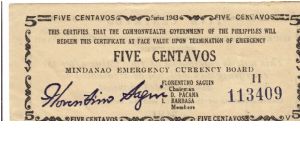 S-501 Mindanao 5 Centavos note. Banknote