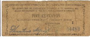 S-481a RARE Mindanao 5 Centavos note. Banknote