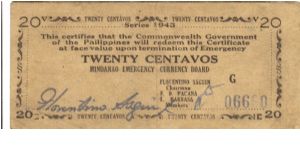 S-483a RARE Mindanao 20 Centavos note. Banknote